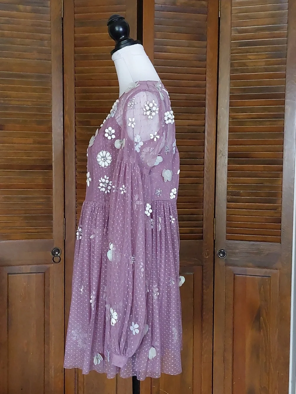 Asos Purple Floral Cluster Embellished Balloon Sleeve Mini Dress Sz 8 - Picture 3 of 15